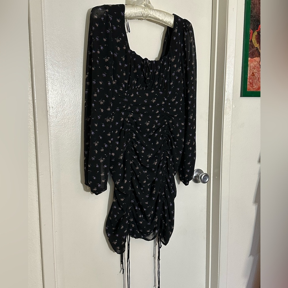 Cotton Candy Black Ruched Sheath Dress with Bishop Sleeves